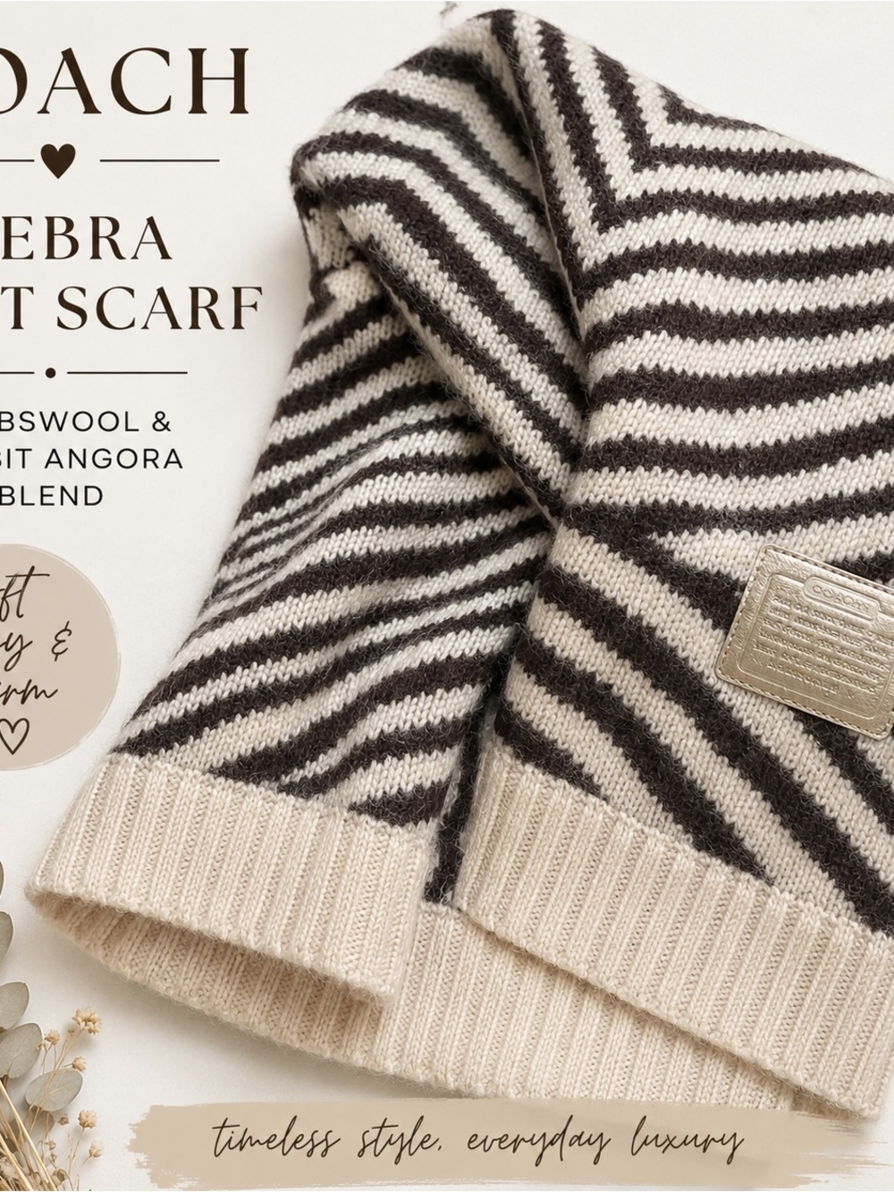 Coach Zebra Print Lambswool Rabbit Angora Knit Scarf Ivory Brown Long Wrap